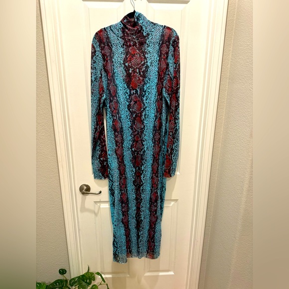 AFRM Midi Long Sleeve Mesh Blue Snake Pattern Dress - Picture 2 of 7